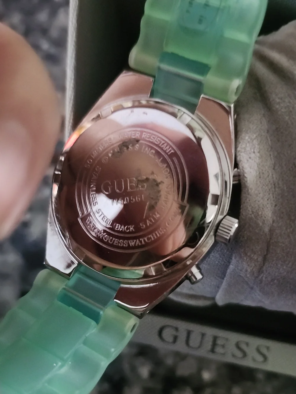 NIB GUESS Chronograph Swarovski Crystal Bezel Aqua Green Strap-